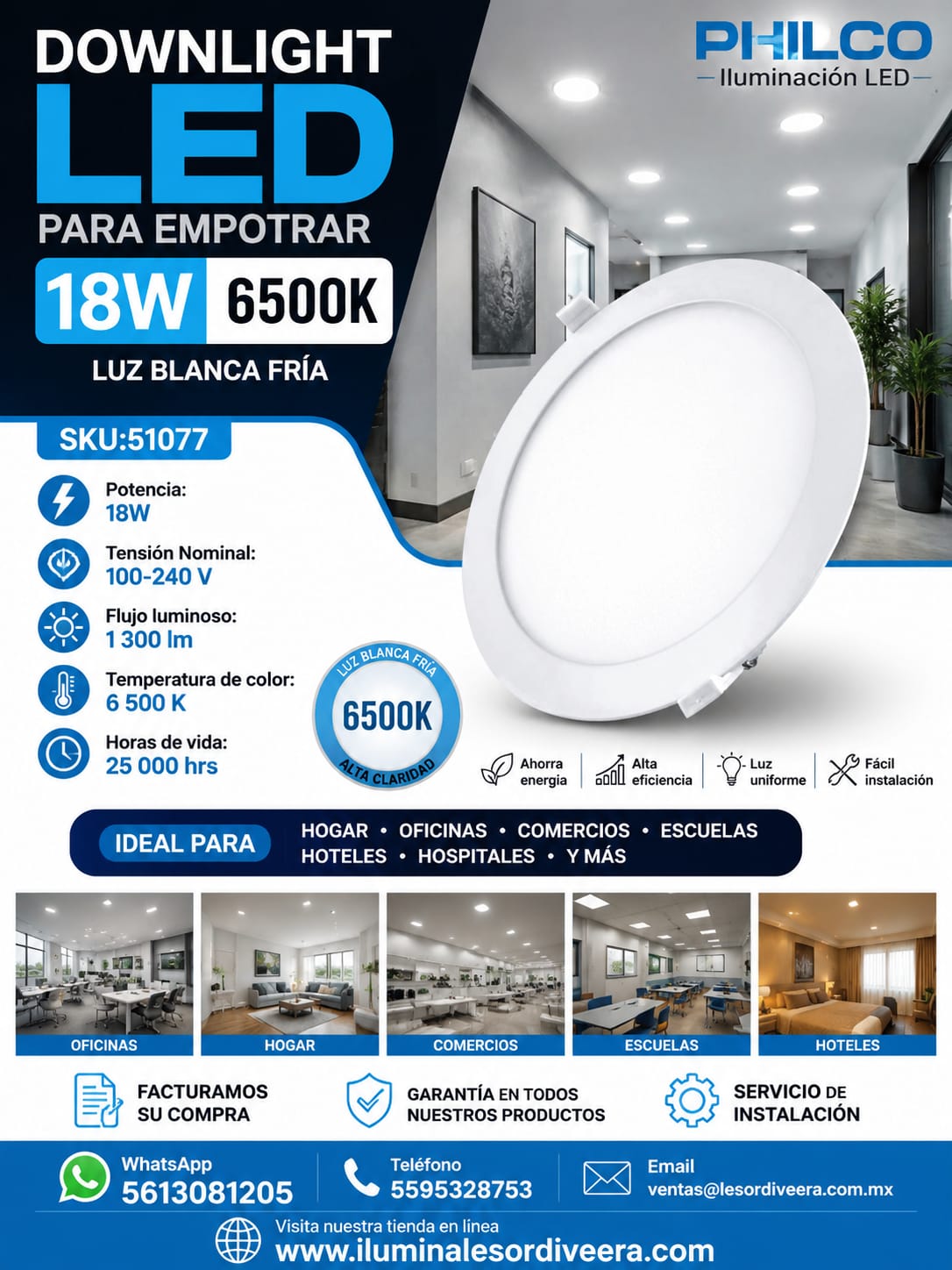 DOWNLIGHT LED PARA EMPOTRAR 18W 6500K LUZ BLANCA FRIA