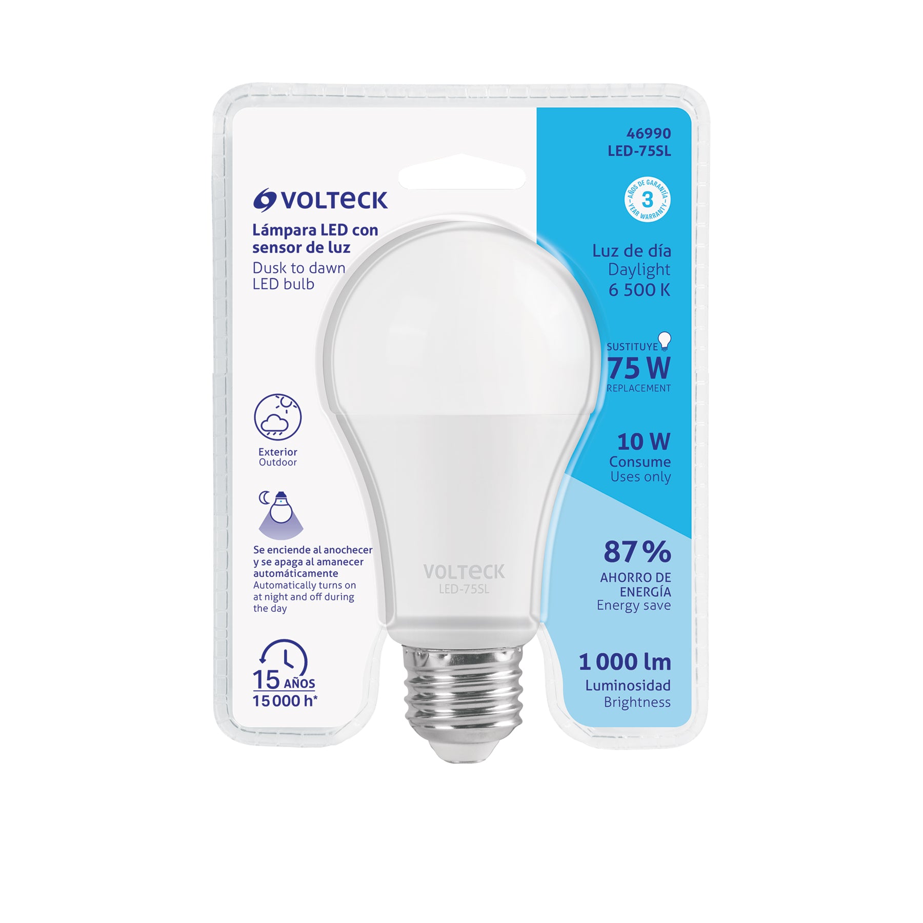 Foco LED 10W (75W) A19, sensor de luz, 6500K, VOLTECK