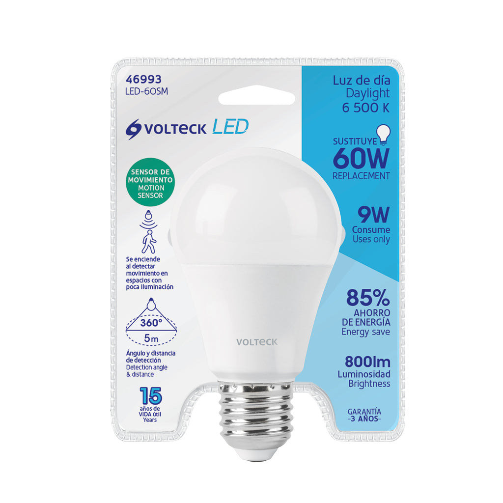 Foco LED 9W (60W) A19, sensor de movimiento, 6500K, VOLTECK