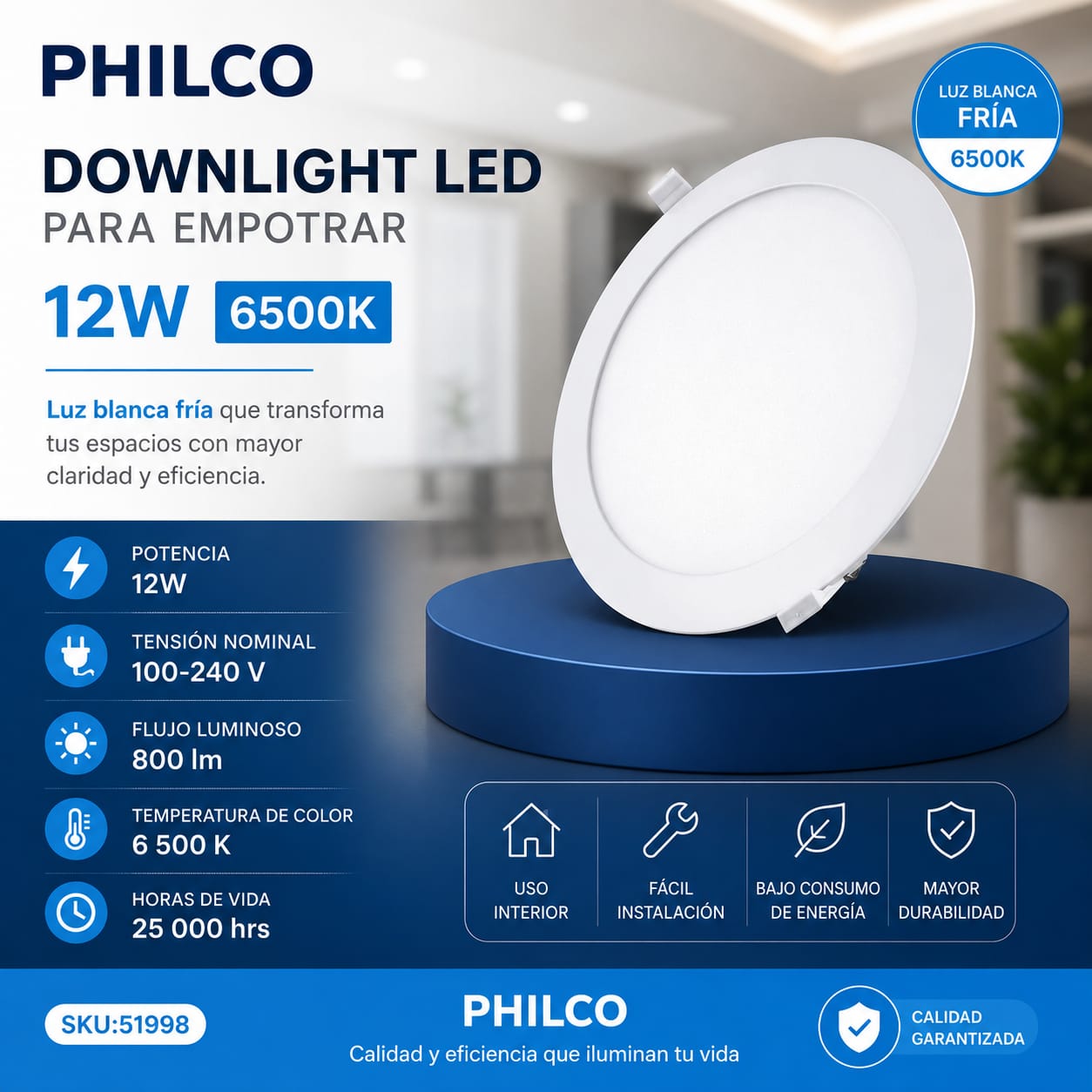 Downlight LED Para Empotrar 12W 6500K Philco