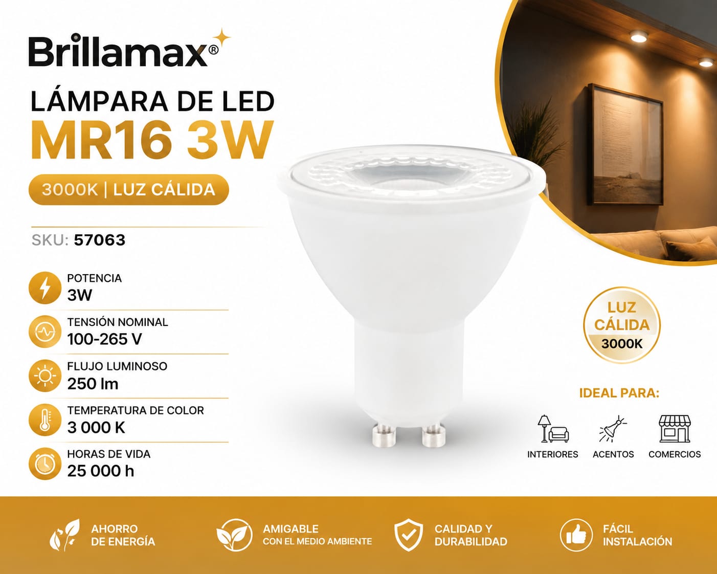 Lámpara De LED MR16 3W 3000K Brillamax