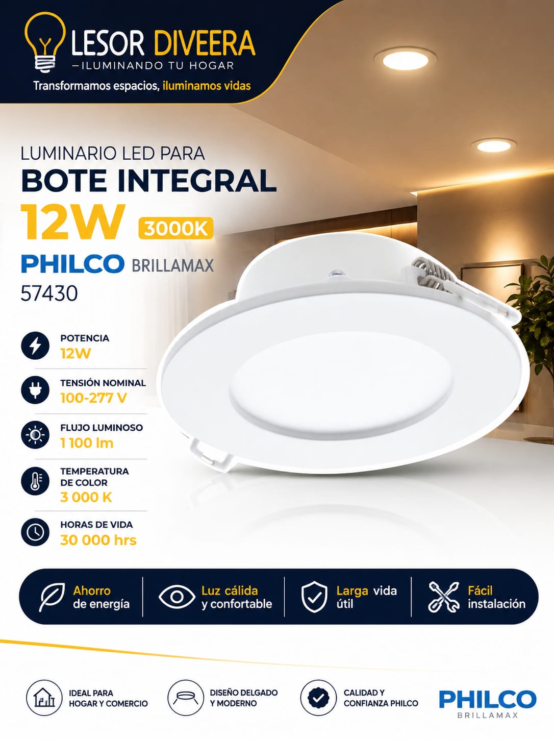 Luminario LED Para Bote Integral 12W 3000K Philco Brillamax
