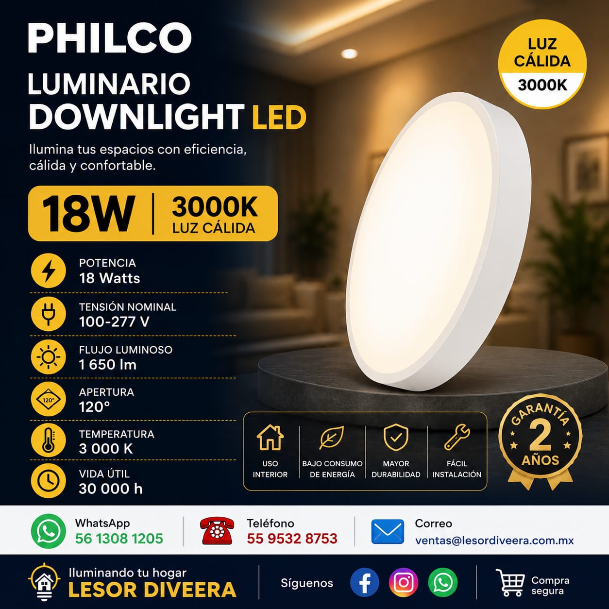 Luminario Downlight LED 18W 3000K Philco