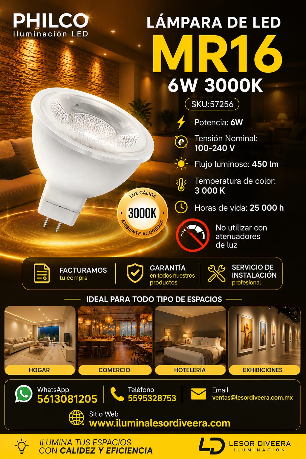 LAMPARA DE LED MR16 6W 3000K