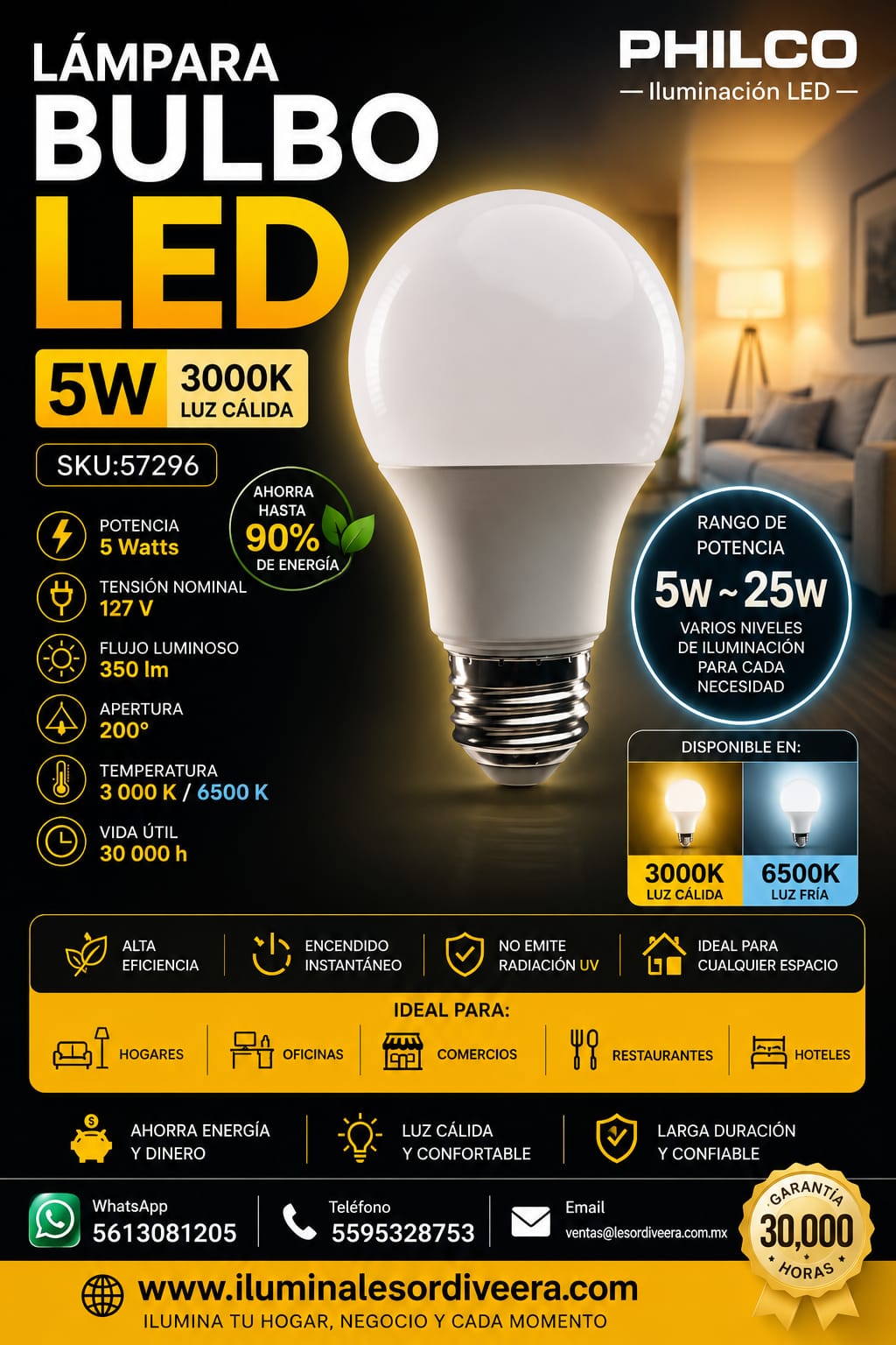 LÁMPARA BULBO LED 5W 3000K LUZ CALIDA